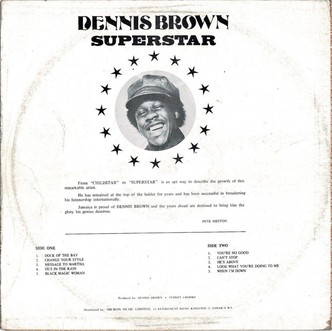 Dennis Brown&nbsp;Superstar LP rear cover